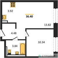 Планировка однокомнатной(квартира) площадью 36.4 квадратных метров в “ЖК Новое Видное”