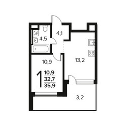 Планировка однокомнатной(квартира) площадью 35.9 квадратных метров в ЖК “Новые Ватутинки. Заречный”