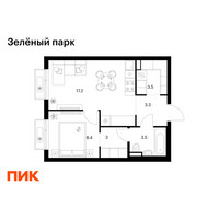 Планировка однокомнатной(квартира) площадью 38.9 квадратных метров в “ЖК Зеленый парк”