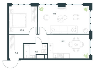 Планировка двухкомнатной(квартира) площадью 54.2 квадратных метров в ЖК “ЖК Level Южнопортовая”