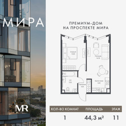 Планировка однокомнатной(квартира) площадью 44.3 квадратных метров в ЖК “Дом премиум-класса МИРА”