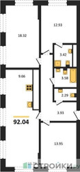 Планировка трехкомнатной(квартира) площадью 92.04 квадратных метров в ЖК “ЖК Дюна”