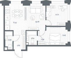 Планировка двухкомнатной(квартира) площадью 63.13 квадратных метров в “ЖК TATE (Тэйт)”