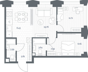 Планировка двухкомнатной(квартира) площадью 63.13 квадратных метров в ЖК “ЖК TATE (Тэйт)”