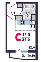 Планировка студии(квартира) площадью 24.6 квадратных метров в “ЖК Лобня Сити”