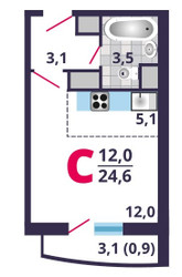 Планировка студии(квартира) площадью 24.6 квадратных метров в ЖК “ЖК Лобня Сити”
