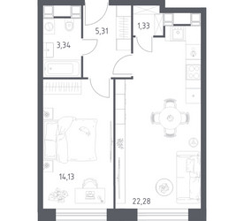 Планировка однокомнатной(апартаменты) площадью 46.39 квадратных метров в ЖК “ЖК Пятницкое 58 (Перец)”