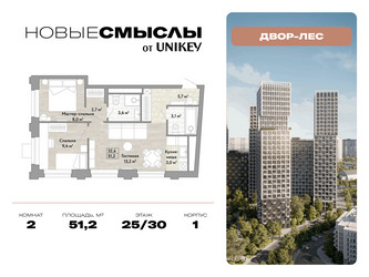 Планировка двухкомнатной(квартира) площадью 51.2 квадратных метров в ЖК “ЖК Новые смыслы”