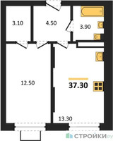 Планировка однокомнатной(квартира) площадью 37.3 квадратных метров в “ЖК Видный берег 2”