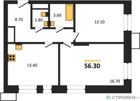 Планировка двухкомнатной(квартира) площадью 56.3 квадратных метров в “ЖК Первый Московский”