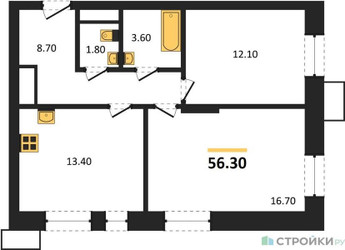 Планировка двухкомнатной(квартира) площадью 56.3 квадратных метров в ЖК “ЖК Первый Московский”