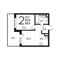 Планировка двухкомнатной(квартира) площадью 38.4 квадратных метров в “Новые Ватутинки. Заречный”