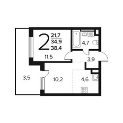 Планировка двухкомнатной(квартира) площадью 38.4 квадратных метров в ЖК “Новые Ватутинки. Заречный”