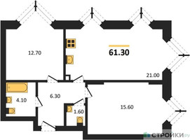 Планировка двухкомнатной(квартира) площадью 61.3 квадратных метров в “ЖК Wave (Вейв)”