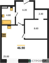 Планировка однокомнатной(квартира) площадью 46.9 квадратных метров в ЖК “ЖК STONE Sokolniki (Сокольники)”