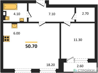 Планировка однокомнатной(квартира) площадью 50.7 квадратных метров в ЖК “Квартал Филатов луг”