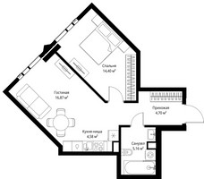 Планировка однокомнатной(квартира) площадью 45.71 квадратных метров в “ЖК Джойс”