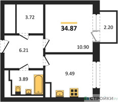 Планировка однокомнатной(квартира) площадью 34.87 квадратных метров в “ЖК Новое Внуково”