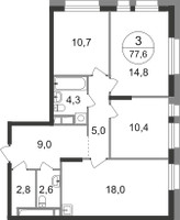 Планировка трехкомнатной(квартира) площадью 77.6 квадратных метров в “ЖК Первый Московский”
