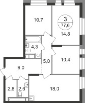 Планировка трехкомнатной(квартира) площадью 77.6 квадратных метров в ЖК “ЖК Первый Московский”