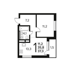 Планировка однокомнатной(квартира) площадью 37.3 квадратных метров в ЖК “Новые Ватутинки. Заречный”