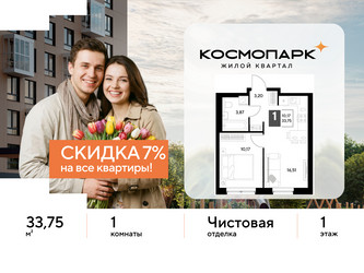 Планировка однокомнатной(квартира) площадью 33.75 квадратных метров в ЖК “ЖК ЭВО”