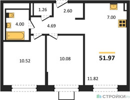 Планировка двухкомнатной(квартира) площадью 51.97 квадратных метров в “ЖК Богдановский Лес”