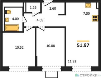 Планировка двухкомнатной(квартира) площадью 51.97 квадратных метров в ЖК “ЖК Богдановский Лес”