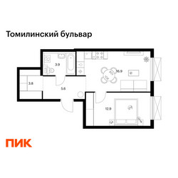 Планировка однокомнатной(квартира) площадью 43.1 квадратных метров в ЖК “ЖК Томилинский бульвар”