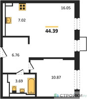 Планировка однокомнатной(квартира) площадью 44.39 квадратных метров в “ЖК Квартал Строгино”