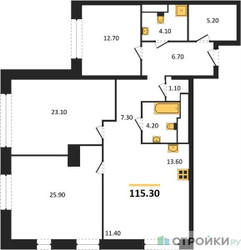 Планировка трехкомнатной(квартира) площадью 115.2 квадратных метров в “ЖК AFI Tower (Афи Тауэр)”