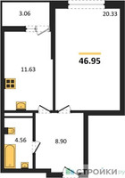 Планировка однокомнатной(квартира) площадью 46.95 квадратных метров в “ЖК Riga Hills (Рига Хиллс)”