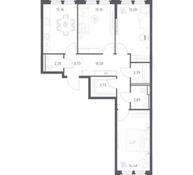 Планировка трехкомнатной(квартира) площадью 77.96 квадратных метров в ЖК “ЖК Космический Квартал”