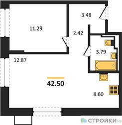 Планировка однокомнатной(квартира) площадью 42.5 квадратных метров в ЖК “ЖК Квартал Герцена”