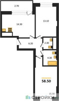 Планировка двухкомнатной(квартира) площадью 58.5 квадратных метров в “ЖК Рассказово”
