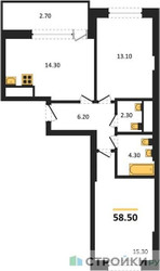 Планировка двухкомнатной(квартира) площадью 58.5 квадратных метров в ЖК “ЖК Рассказово”