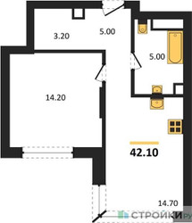 Планировка однокомнатной(квартира) площадью 42.1 квадратных метров в ЖК “Кутузов Сити”