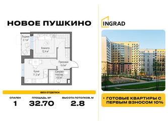 Планировка однокомнатной(квартира) площадью 32.7 квадратных метров в ЖК “Жилые кварталы Новое Пушкино”