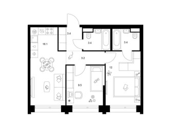 Планировка двухкомнатной(квартира) площадью 51 квадратных метров в ЖК “ЖК Строгино 360”