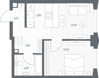 Планировка однокомнатной(квартира) площадью 42.48 квадратных метров в ЖК “ЖК TATE (Тэйт)”