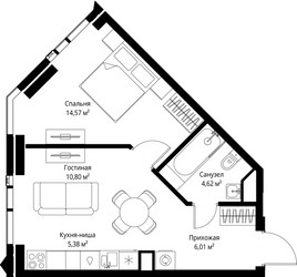 Планировка однокомнатной(квартира) площадью 41.38 квадратных метров в ЖК “ЖК Джойс”
