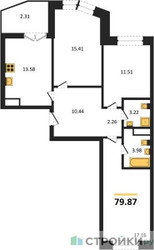 Планировка трехкомнатной(квартира) площадью 79.87 квадратных метров в ЖК “ЖК Sezar City (Сезар Сити)”