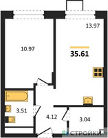 Планировка однокомнатной(квартира) площадью 35.61 квадратных метров в “ЖК Новоград Павлино”