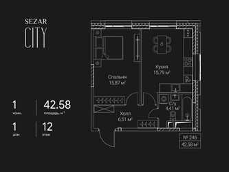 Планировка однокомнатной(квартира) площадью 42.58 квадратных метров в ЖК “ЖК Сезар Сити”