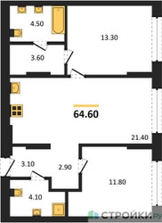 Планировка двухкомнатной(квартира) площадью 64.6 квадратных метров в ЖК “ЖК Первый квартал”