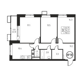 Планировка трехкомнатной(квартира) площадью 76.5 квадратных метров в ЖК “ЖК Космос”
