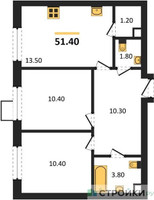 Планировка двухкомнатной(квартира) площадью 51.4 квадратных метров в “ЖК ЭкоБунино (Южное Бунино)”