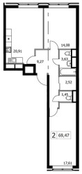 Планировка двухкомнатной(квартира) площадью 69.47 квадратных метров в ЖК “ЖК Городские Истории”