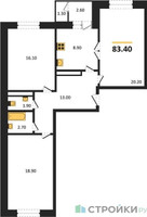 Планировка трехкомнатной(квартира) площадью 83.2 квадратных метров в “ЖК Три квартала”