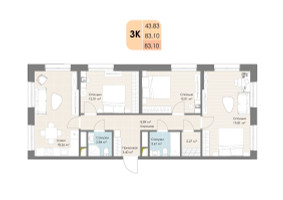 Планировка трехкомнатной(квартира) площадью 83.1 квадратных метров в “ЖК Дюна”